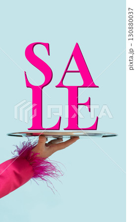 Bold poster. Sale bold pink typography on silver tray with pink sleeve hand and blue pastel background Bold poster. Sale bold pink typography on silver tray with pink sleeve hand and blue pastel background 130880037