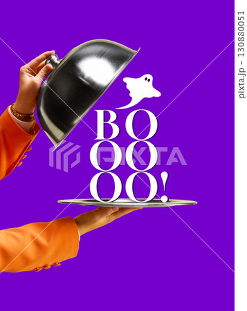 Graphic composition. Boo ghost text on silver tray with orange sleeve hand and bright purple background Graphic composition. Boo ghost text on silver tray with orange sleeve hand and bright purple background 130880051
