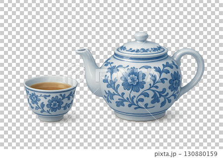 Mid autumn festival tea set with floral design on isolated transparent background 130880159
