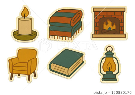 Autumn cozy elements set with candle, blanket, fireplace, lamp, armchair, book. Isolated on transparent background Autumn cozy elements set with candle, blanket, fireplace, lamp, armchair, book. Isolated on transparent background 130880176