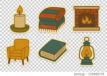 Autumn cozy elements set with candle, blanket, fireplace, lamp, armchair, book. Isolated on transparent background Autumn cozy elements set with candle, blanket, fireplace, lamp, armchair, book. Isolated on transparent background 130880176