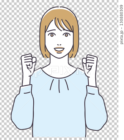 ガッツポーズするブラウス姿の若い女性 130880309