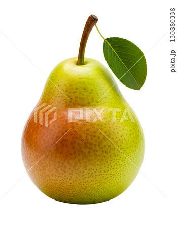 Ripe fresh pear with drops of water on a white background. The image is suitable for the concepts of healthy eating, fruits, vitamins, diets and fresh products. 130880338