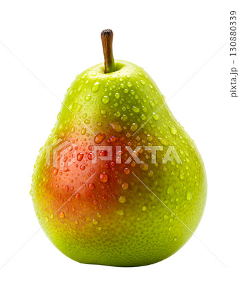 Ripe fresh pear with drops of water on a white background. The image is suitable for the concepts of healthy eating, fruits, vitamins, diets and fresh products. 130880339