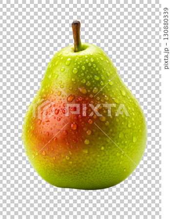 Ripe fresh pear with drops of water on a white background. The image is suitable for the concepts of healthy eating, fruits, vitamins, diets and fresh products. 130880339