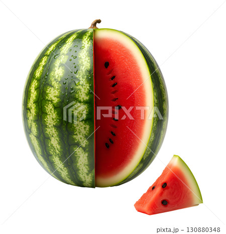 Fresh watermelon with a cut segment on a white background. The image is suitable for the concepts of healthy eating, summer fruits, freshness, diets and drinks. Fresh watermelon with a cut segment on a white background. The image is suitable for the concepts of healthy eating, summer fruits, freshness, diets and drinks. 130880348