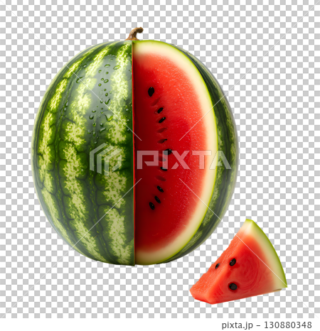 Fresh watermelon with a cut segment on a white background. The image is suitable for the concepts of healthy eating, summer fruits, freshness, diets and drinks. Fresh watermelon with a cut segment on a white background. The image is suitable for the concepts of healthy eating, summer fruits, freshness, diets and drinks. 130880348
