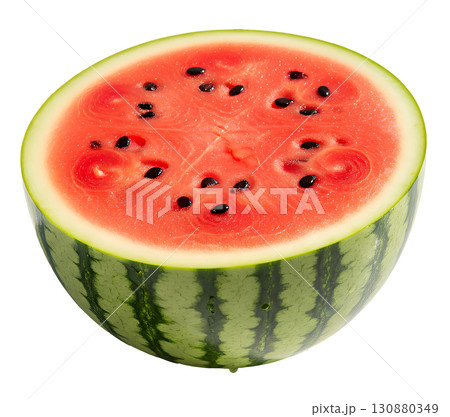 Fresh watermelon with a cut segment on a white background. The image is suitable for the concepts of healthy eating, summer fruits, freshness, diets and drinks. 130880349