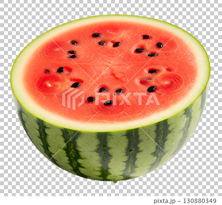 Fresh watermelon with a cut segment on a white background. The image is suitable for the concepts of healthy eating, summer fruits, freshness, diets and drinks. 130880349