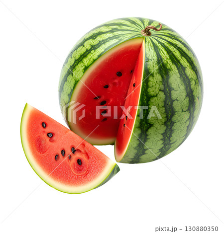 Fresh watermelon with a cut segment on a white background. The image is suitable for the concepts of healthy eating, summer fruits, freshness, diets and drinks. 130880350