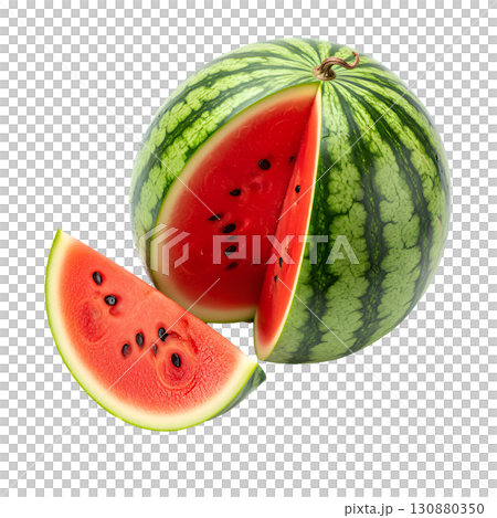 Fresh watermelon with a cut segment on a white background. The image is suitable for the concepts of healthy eating, summer fruits, freshness, diets and drinks. 130880350