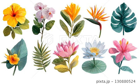 watercolor painting of leaf and flowers, seamless 130880524