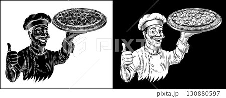 Pizza Chef Vintage Style Pizzeria Illustration 130880597