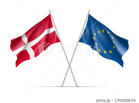 Denmark and European Union waving flags on flagpole. EU sign with twelve gold stars on blue and Denmark national symbol. Two flags isolated on white background Denmark and European Union waving flags on flagpole. EU sign with twelve gold stars on blue and Denmark national symbol. Two flags isolated on white background 130880639