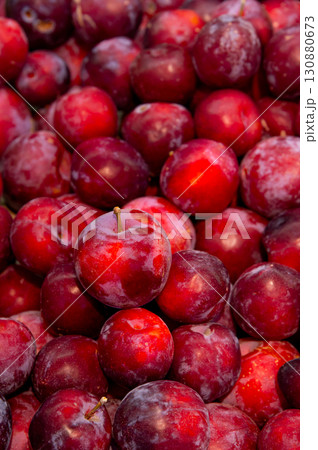 Close-up of ripe plums piled high on a counter in a supermarket or farm shop where produce comes straight from the gardens Close-up of ripe plums piled high on a counter in a supermarket or farm shop where produce comes straight from the gardens 130880673