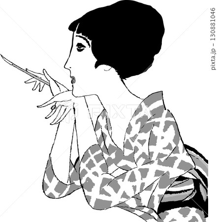 横向きの筆をもつ和服女性　その1 130881046