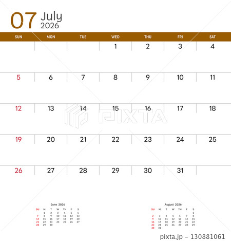 July 2026 Calendar. Week start on Sunday. Desk calendar 2026 design, simple and clean design, Wall calendar for print, digital calendar, Corporate design planner template vector. July 2026 Calendar. Week start on Sunday. Desk calendar 2026 design, simple and clean design, Wall calendar for print, digital calendar, Corporate design planner template vector. 130881061
