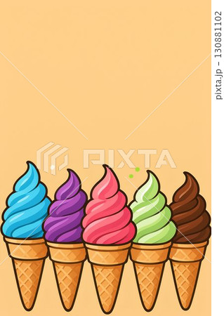 Colorful ice cream cones in a row with vibrant swirls and a soft background 130881102