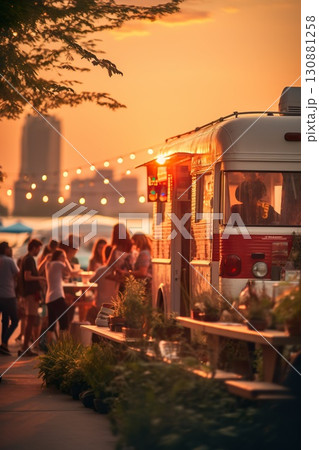 food truck at street festival in park at sunset, crown of people eating at fest in evening food truck at street festival in park at sunset, crown of people eating at fest in evening 130881258