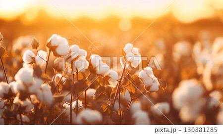 agricultural field with cotton flowers at sunset, plantation of natural cultivated wool, textile agricultural field with cotton flowers at sunset, plantation of natural cultivated wool, textile 130881285