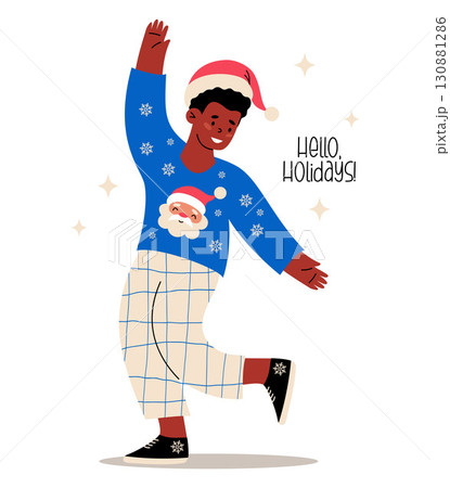Christmas Happy Ethnic Man in Hat in Xmas Sweater with Santa. New Year Joyful Male Character. Vector Illustration. Not AI 130881286