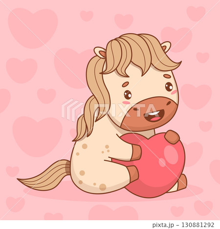 Romantic Cute Horse with Heart. Adorable Little Pony Kawaii Animal on Pink Background. Vector illustration. Kids collection. Not AI 130881292