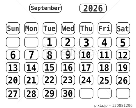 Black Line Art 2026 Calendar template with No Background, September 2026 Black Line Art 2026 Calendar template with No Background, September 2026 130881296