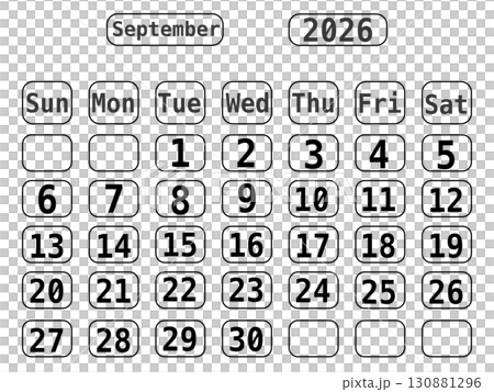 Black Line Art 2026 Calendar template with No Background, September 2026 Black Line Art 2026 Calendar template with No Background, September 2026 130881296