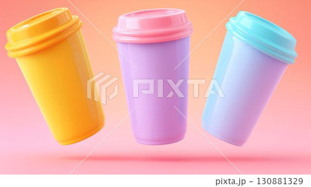 Colorful disposable cups in vibrant pastel shades against a soft gradient background 130881329