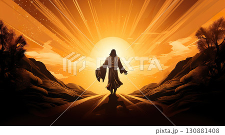 silhouette of Jesus Christ in rays of light, holy bible and religion, faith and christianity concept 130881408