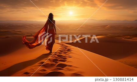 back view of woman in elegant dress walking by sahara dune at sunset, fashion concept back view of woman in elegant dress walking by sahara dune at sunset, fashion concept 130881414