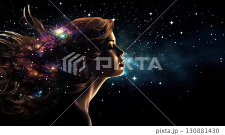 dreamy night portrait of beautiful young woman on sky with stars and galaxy background, female with waving hairs 130881430