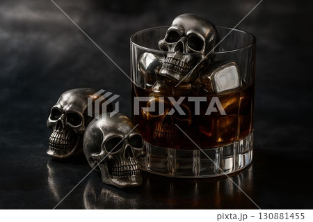 Skull-shaped ice cubes in a glass of whiskey on a dark reflective surface 130881455