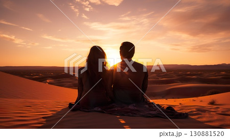 young couple sitting and hugging at desert and looking at sunset, man and woman contemplate sunrise at nature young couple sitting and hugging at desert and looking at sunset, man and woman contemplate sunrise at nature 130881520