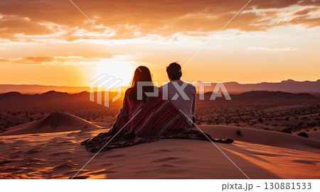 young couple sitting and hugging at desert and looking at sunset, man and woman contemplate sunrise at nature young couple sitting and hugging at desert and looking at sunset, man and woman contemplate sunrise at nature 130881533