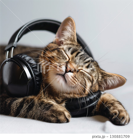 Tabby cat relaxing with headphones on a soft surface, enjoying a peaceful moment of tranquility 130881709
