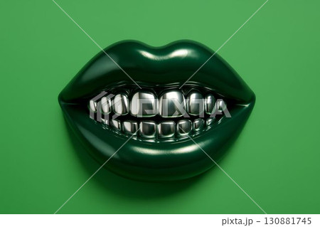 Glossy green lips with metallic silver teeth are displayed against a vibrant green background, showcasing a unique blend of color and texture in a striking visual concept 130881745