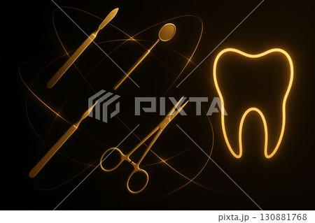 Dental tools including scalpel, mirror, forceps, and a glowing tooth illustration, arranged artistically against a dark background, showcasing dental care essentials and professionalism 130881768