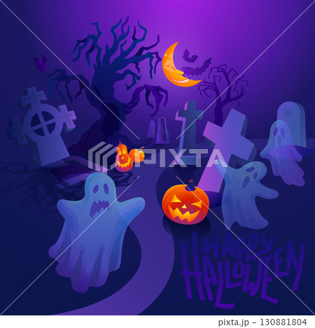 Halloween cemetery with pumpkins, ghosts and moon Halloween cemetery with pumpkins, ghosts and moon 130881804