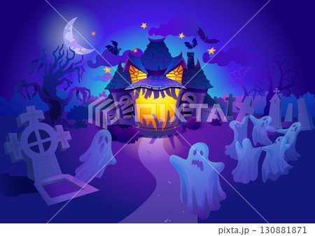 Halloween night scene with haunted house 130881871
