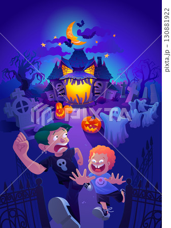 Halloween scene with haunted house and children Halloween scene with haunted house and children 130881922