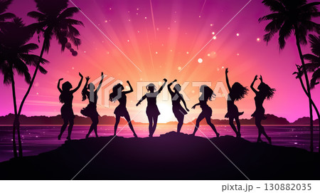 silhouette of happy women friends dancing at beach party at sunset, joyful group of female celebrate on vacation silhouette of happy women friends dancing at beach party at sunset, joyful group of female celebrate on vacation 130882035