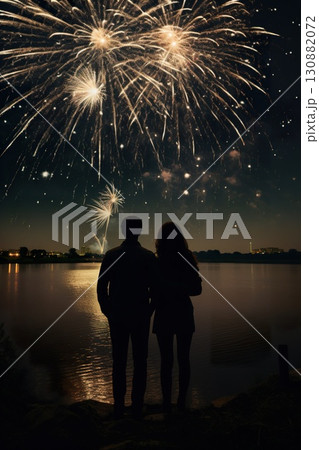silhouette of romantic couple of man and woman watching fireworks at holiday celebration, dating people looking up at fire works at night, love and valentines concept 130882072