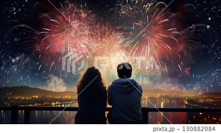 silhouette of romantic couple of man and woman watching fireworks at holiday celebration, dating people looking up at fire works at night, love and valentines concept 130882084