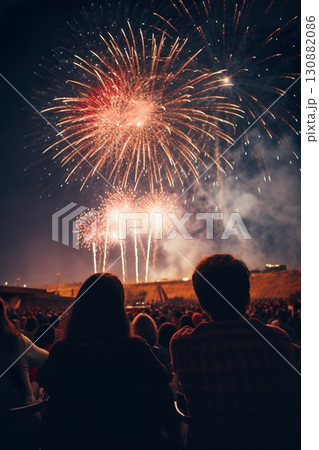 silhouette of romantic couple of man and woman watching fireworks at holiday celebration, dating people looking up at fire works at night, love and valentines concept 130882086