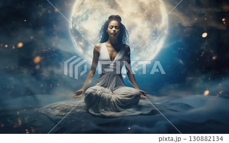 peaceful female meditating and practice yoga in lotus pose, in style of fantasy peaceful female meditating and practice yoga in lotus pose, in style of fantasy 130882134