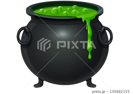 Black cauldron filled with bubbling green potion, featuring a glossy surface and intricate handles, set against a simple background, perfect for Halloween or magical themes Black cauldron filled with bubbling green potion, featuring a glossy surface and intricate handles, set against a simple background, perfect for Halloween or magical themes 130882155