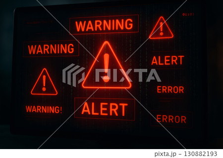 Digital screen displaying multiple red warning alerts and error messages, creating a sense of urgency and concern in a high-tech environment with a dark background 130882193