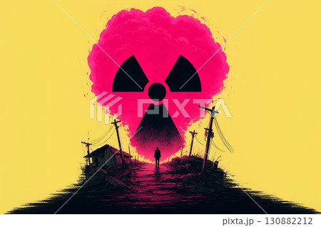 Surreal illustration of a lone figure walking towards a vibrant pink radioactive cloud, with a desolate landscape and abandoned structures, evoking themes of isolation and environmental impact Surreal illustration of a lone figure walking towards a vibrant pink radioactive cloud, with a desolate landscape and abandoned structures, evoking themes of isolation and environmental impact 130882212