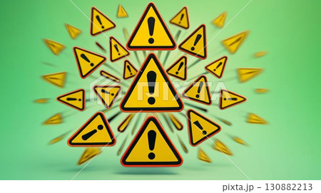 Yellow warning signs with exclamation marks are exploding outward against a soft green background, creating a dynamic visual representation of caution and alertness in design Yellow warning signs with exclamation marks are exploding outward against a soft green background, creating a dynamic visual representation of caution and alertness in design 130882213